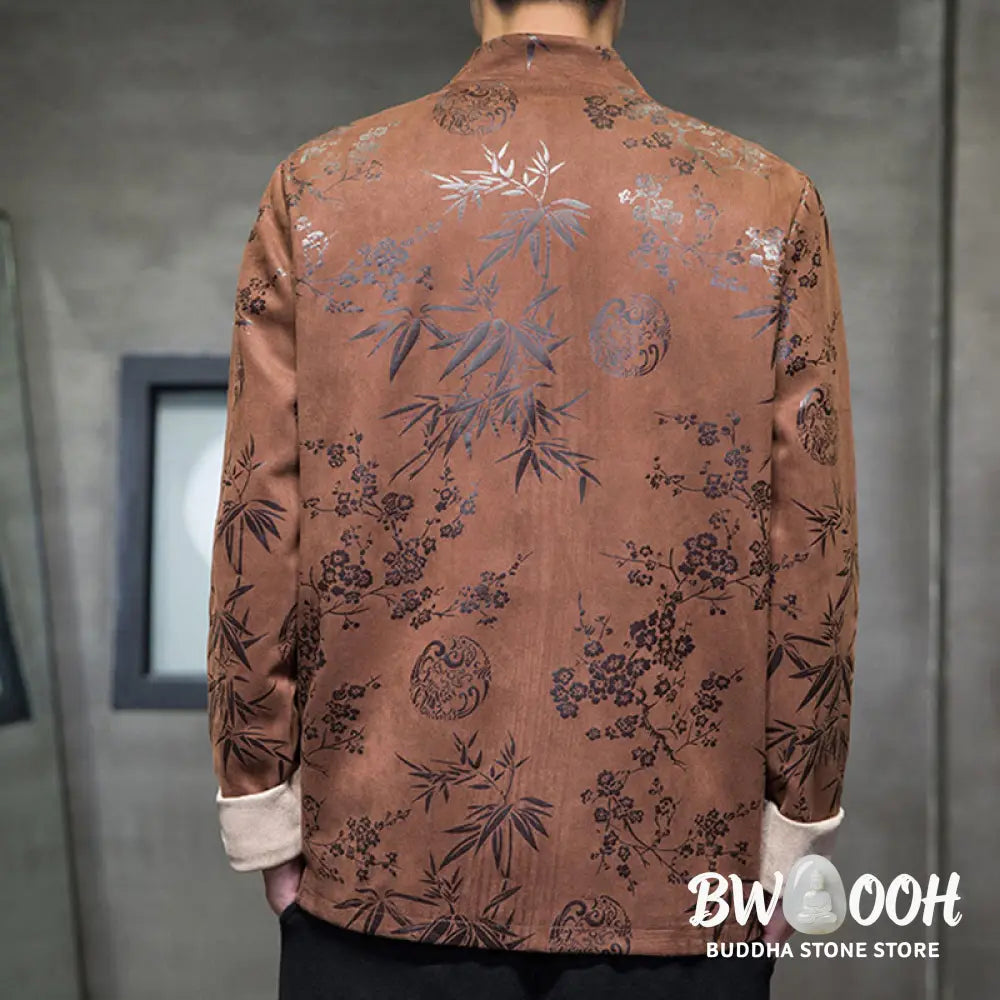Buddha Stones Chinese New Year Clothes Flowers Bamboo Solid Color Cuff Frog-button Tang Suit Cotton Men’s Jacket Shirt