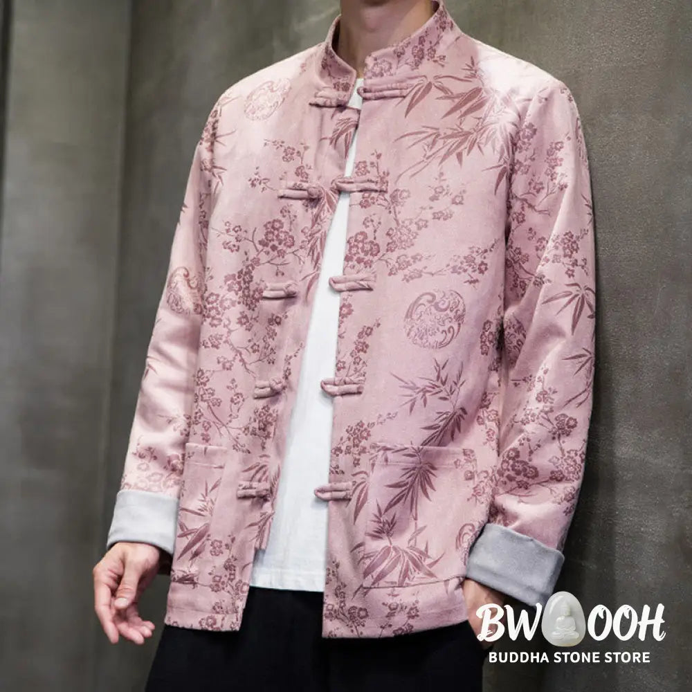 Buddha Stones Chinese New Year Clothes Flowers Bamboo Solid Color Cuff Frog-button Tang Suit Cotton Men’s Jacket Shirt