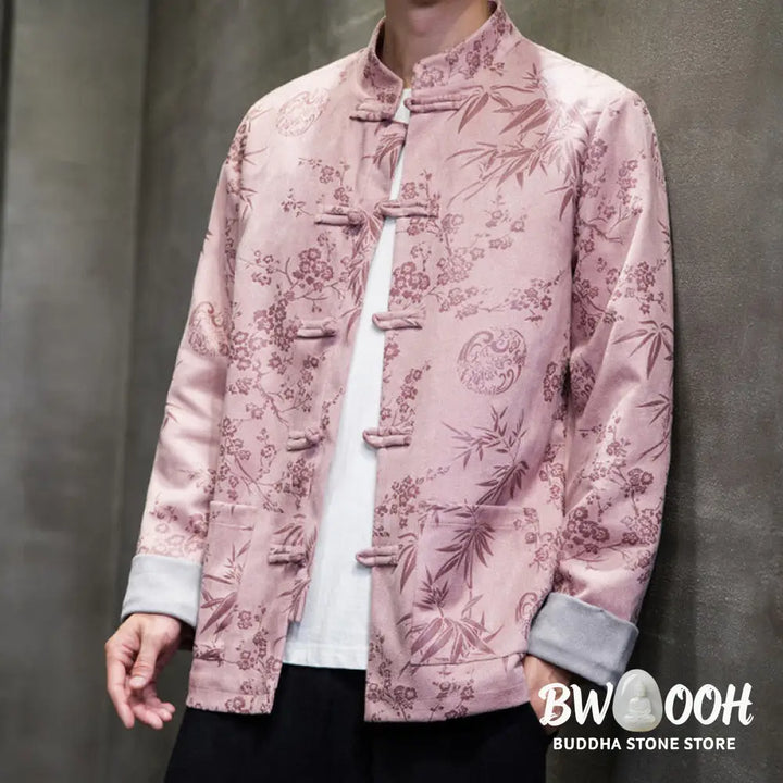 Buddha Stones Chinese New Year Clothes Flowers Bamboo Solid Color Cuff Frog-button Tang Suit Cotton Men’s Jacket Shirt