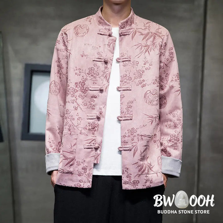 Buddha Stones Chinese New Year Clothes Flowers Bamboo Solid Color Cuff Frog-button Tang Suit Cotton Men’s Jacket Shirt