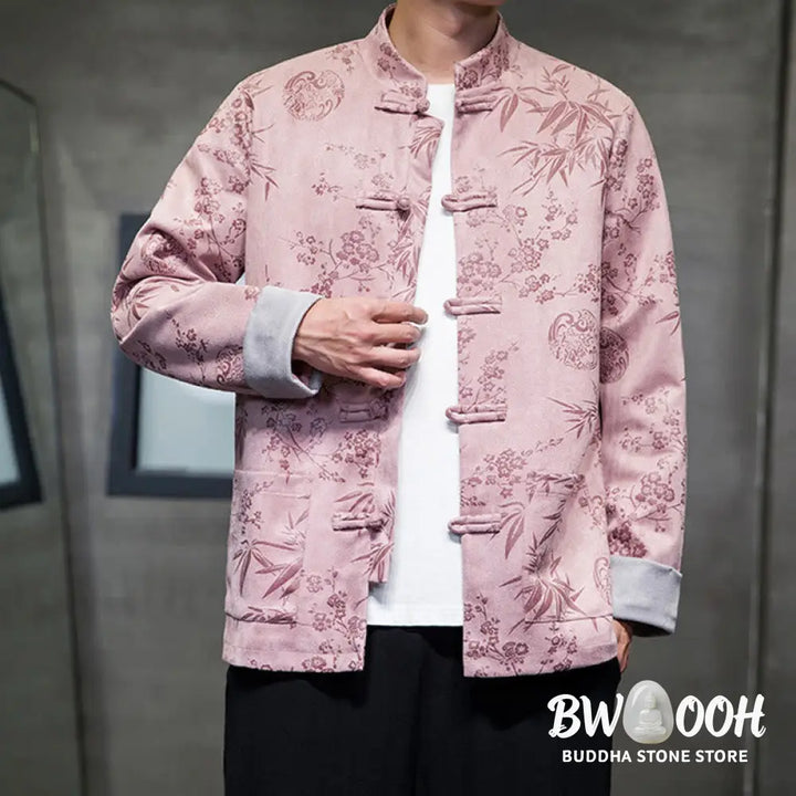 Buddha Stones Chinese New Year Clothes Flowers Bamboo Solid Color Cuff Frog-button Tang Suit Cotton Men’s Jacket Shirt