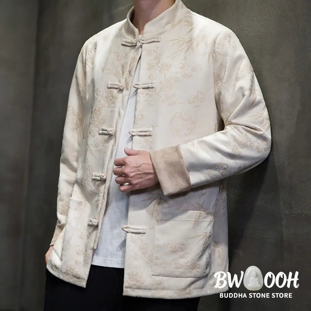 Buddha Stones Chinese New Year Clothes Flowers Bamboo Solid Color Cuff Frog-button Tang Suit Cotton Men’s Jacket Shirt