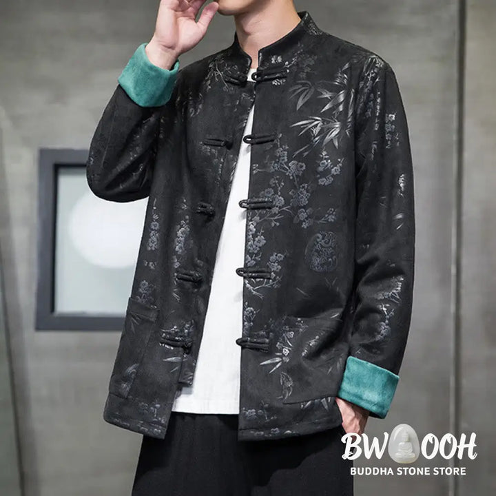 Buddha Stones Chinese New Year Clothes Flowers Bamboo Solid Color Cuff Frog-button Tang Suit Cotton Men’s Jacket Shirt