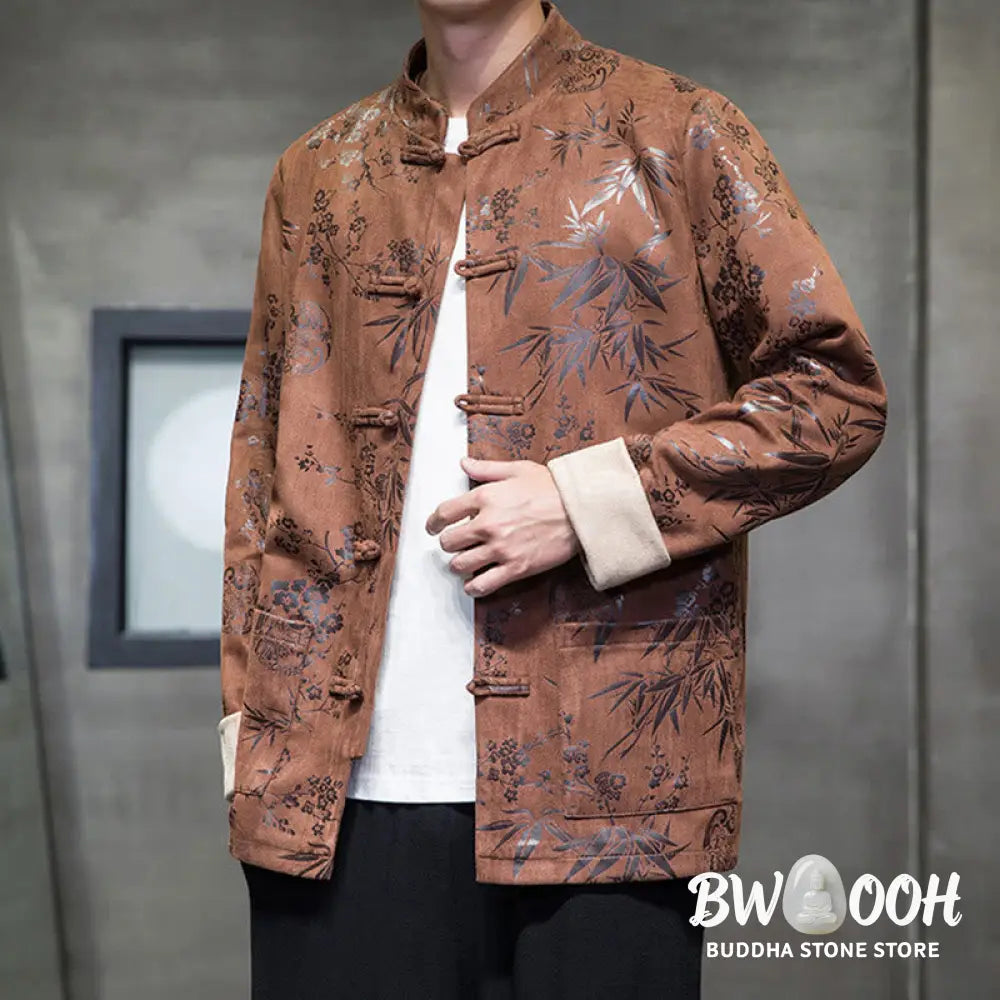 Buddha Stones Chinese New Year Clothes Flowers Bamboo Solid Color Cuff Frog-button Tang Suit Cotton Men’s Jacket Shirt
