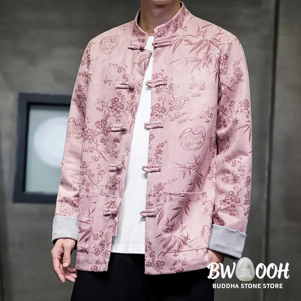Buddha Stones Chinese New Year Clothes Flowers Bamboo Solid Color Cuff Frog-button Tang Suit Cotton Men’s Jacket Shirt