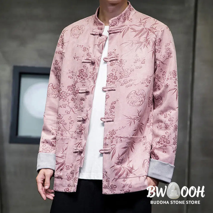 Buddha Stones Chinese New Year Clothes Flowers Bamboo Solid Color Cuff Frog-button Tang Suit Cotton Men’s Jacket Shirt