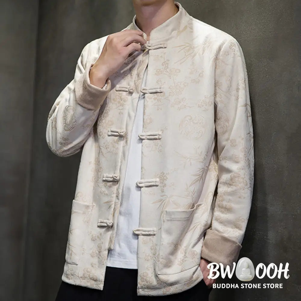 Buddha Stones Chinese New Year Clothes Flowers Bamboo Solid Color Cuff Frog-button Tang Suit Cotton Men’s Jacket Shirt