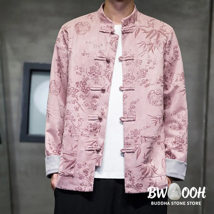Buddha Stones Chinese New Year Clothes Flowers Bamboo Solid Color Cuff Frog-button Tang Suit Cotton Men’s Jacket Shirt