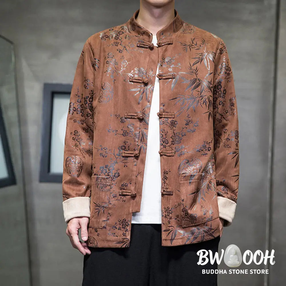 Buddha Stones Chinese New Year Clothes Flowers Bamboo Solid Color Cuff Frog-button Tang Suit Cotton Men’s Jacket Shirt