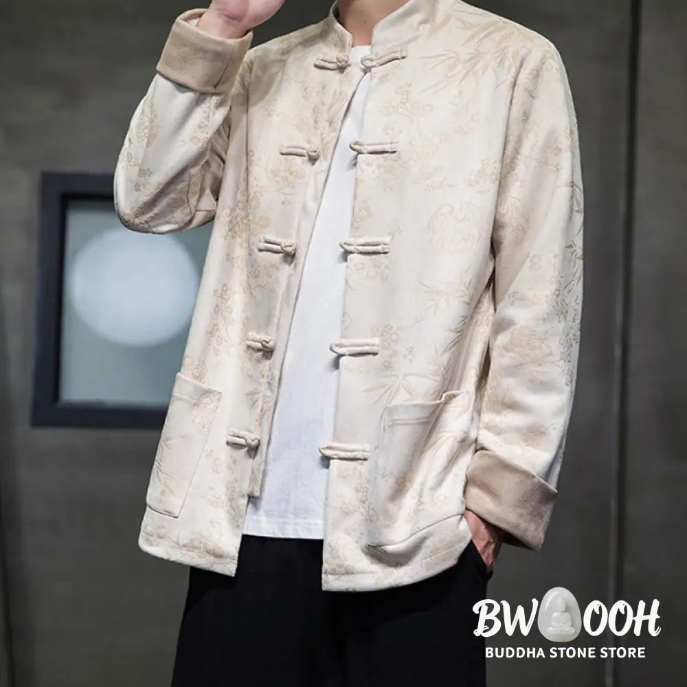 Buddha Stones Chinese New Year Clothes Flowers Bamboo Solid Color Cuff Frog-button Tang Suit Cotton Men’s Jacket Shirt