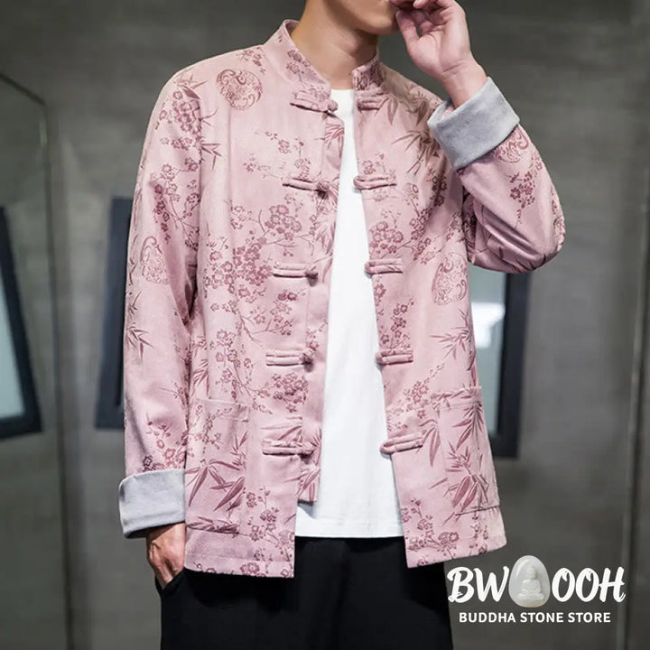 Buddha Stones Chinese New Year Clothes Flowers Bamboo Solid Color Cuff Frog-button Tang Suit Cotton Men’s Jacket Shirt