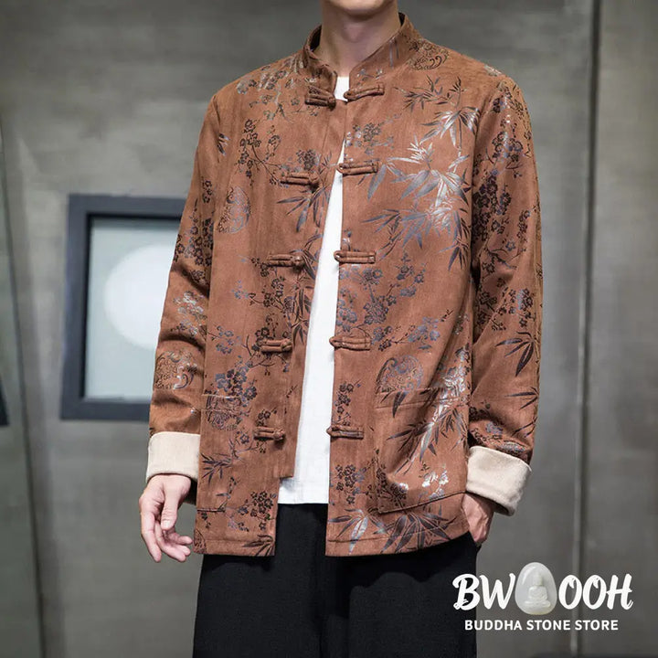 Buddha Stones Chinese New Year Clothes Flowers Bamboo Solid Color Cuff Frog-button Tang Suit Cotton Men’s Jacket Shirt