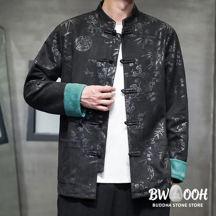 Buddha Stones Chinese New Year Clothes Flowers Bamboo Solid Color Cuff Frog-button Tang Suit Cotton Men’s Jacket Shirt