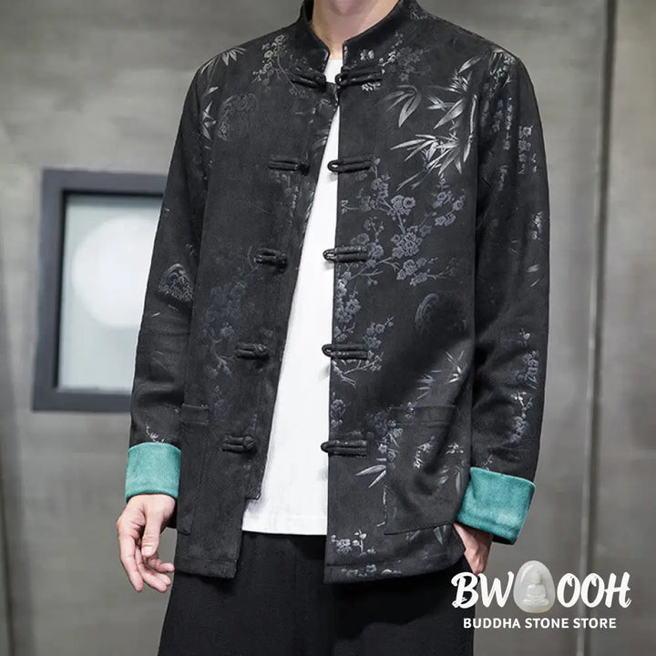 Buddha Stones Chinese New Year Clothes Flowers Bamboo Solid Color Cuff Frog-button Tang Suit Cotton Men’s Jacket Shirt