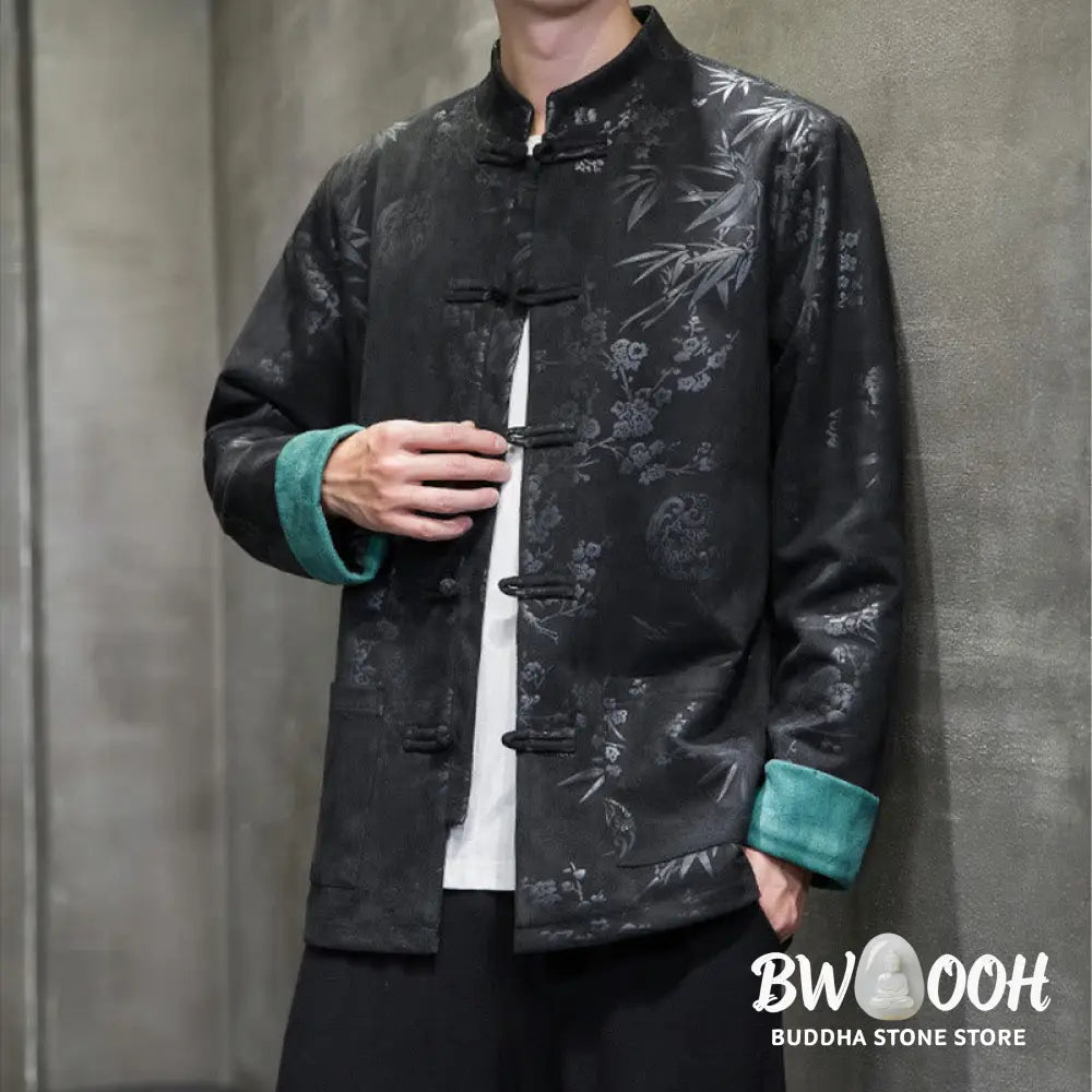Buddha Stones Chinese New Year Clothes Flowers Bamboo Solid Color Cuff Frog-button Tang Suit Cotton Men’s Jacket Shirt