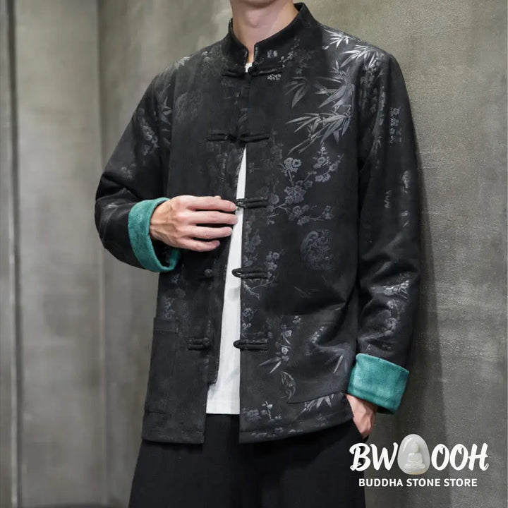 Buddha Stones Chinese New Year Clothes Flowers Bamboo Solid Color Cuff Frog-button Tang Suit Cotton Men’s Jacket Shirt