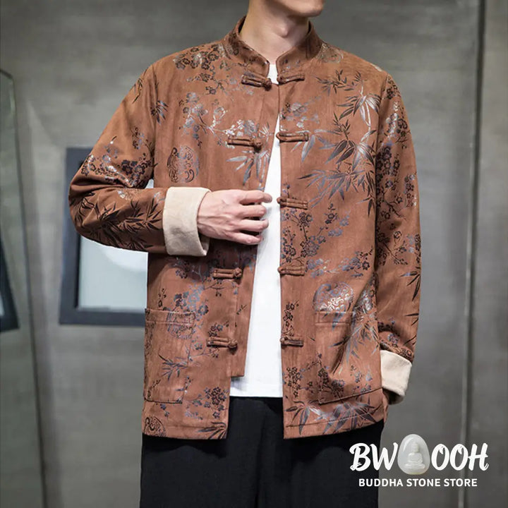 Buddha Stones Chinese New Year Clothes Flowers Bamboo Solid Color Cuff Frog-button Tang Suit Cotton Men’s Jacket Shirt