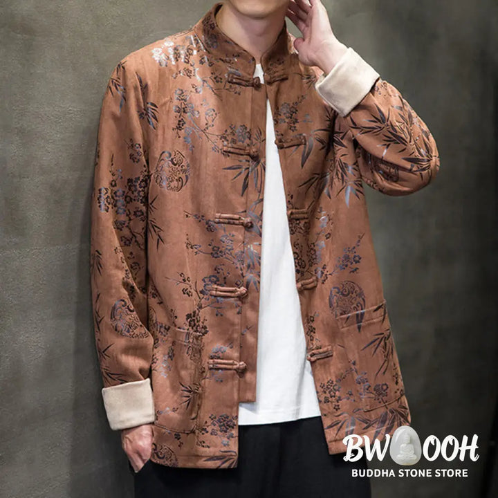 Buddha Stones Chinese New Year Clothes Flowers Bamboo Solid Color Cuff Frog-button Tang Suit Cotton Men’s Jacket Shirt