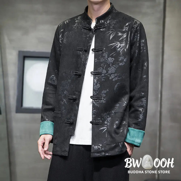 Buddha Stones Chinese New Year Clothes Flowers Bamboo Solid Color Cuff Frog-button Tang Suit Cotton Men’s Jacket Shirt