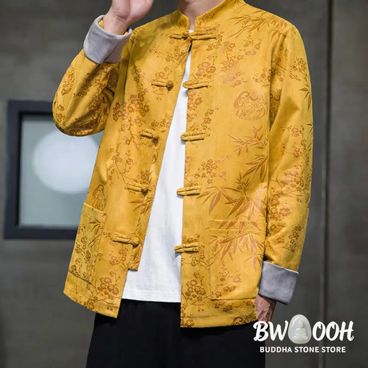 Buddha Stones Chinese New Year Clothes Flowers Bamboo Solid Color Cuff Frog-button Tang Suit Cotton Men’s Jacket Shirt