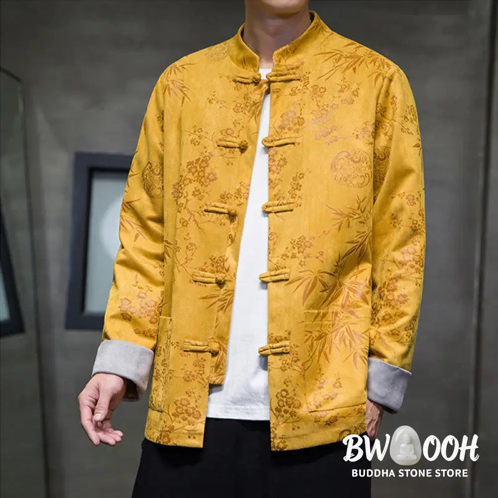 Buddha Stones Chinese New Year Clothes Flowers Bamboo Solid Color Cuff Frog-button Tang Suit Cotton Men’s Jacket Shirt