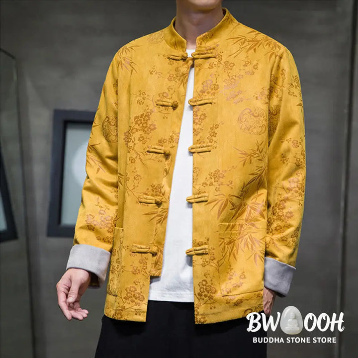 Buddha Stones Chinese New Year Clothes Flowers Bamboo Solid Color Cuff Frog-button Tang Suit Cotton Men’s Jacket Shirt