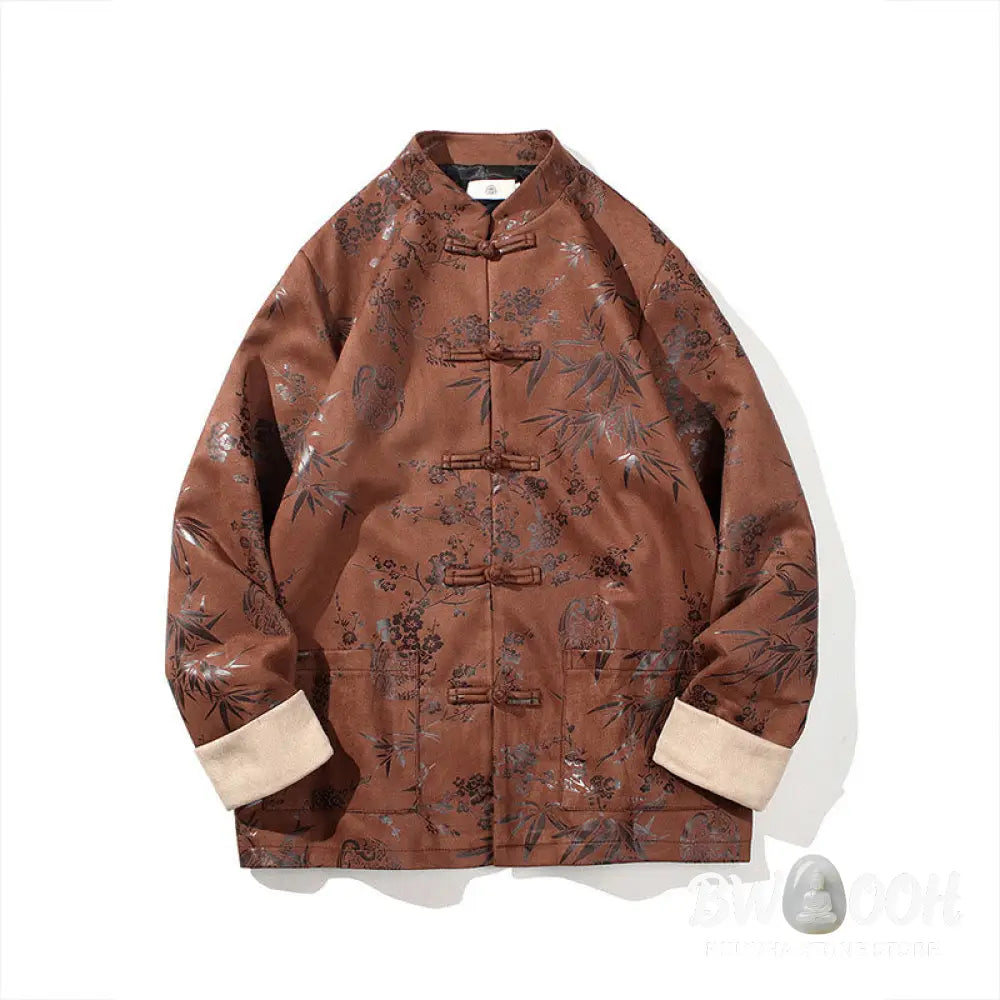 Buddha Stones Chinese New Year Clothes Flowers Bamboo Solid Color Cuff Frog-button Tang Suit Cotton Men’s Jacket Shirt