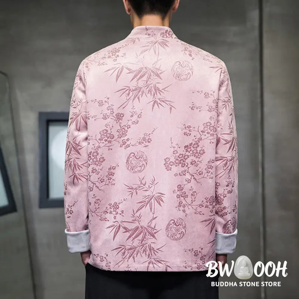 Buddha Stones Chinese New Year Clothes Flowers Bamboo Solid Color Cuff Frog-button Tang Suit Cotton Men’s Jacket Shirt