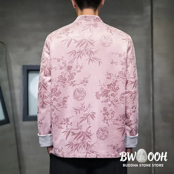 Buddha Stones Chinese New Year Clothes Flowers Bamboo Solid Color Cuff Frog-button Tang Suit Cotton Men’s Jacket Shirt