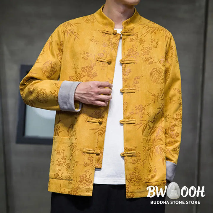 Buddha Stones Chinese New Year Clothes Flowers Bamboo Solid Color Cuff Frog-button Tang Suit Cotton Men’s Jacket Shirt