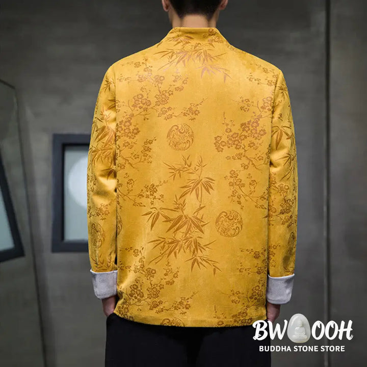 Buddha Stones Chinese New Year Clothes Flowers Bamboo Solid Color Cuff Frog-button Tang Suit Cotton Men’s Jacket Shirt