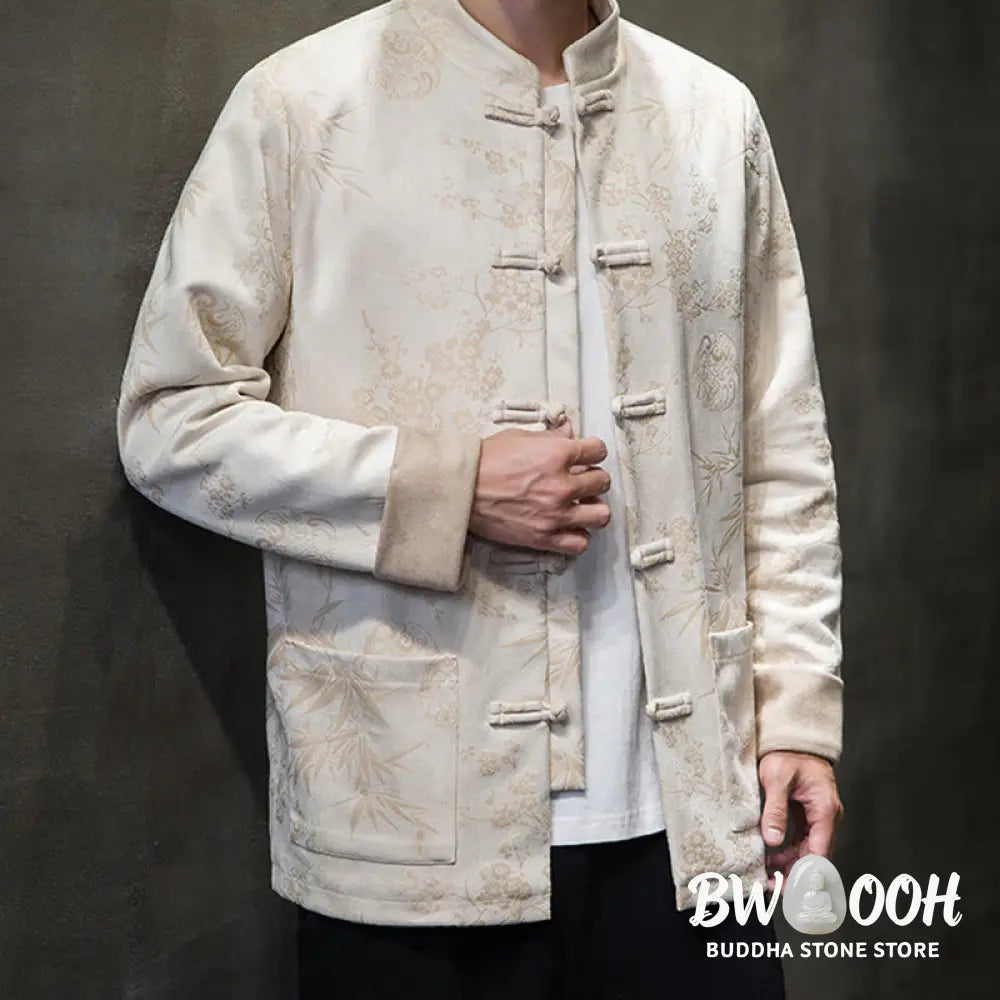 Buddha Stones Chinese New Year Clothes Flowers Bamboo Solid Color Cuff Frog-button Tang Suit Cotton Men’s Jacket Shirt
