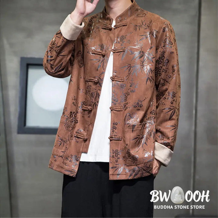 Buddha Stones Chinese New Year Clothes Flowers Bamboo Solid Color Cuff Frog-button Tang Suit Cotton Men’s Jacket Shirt