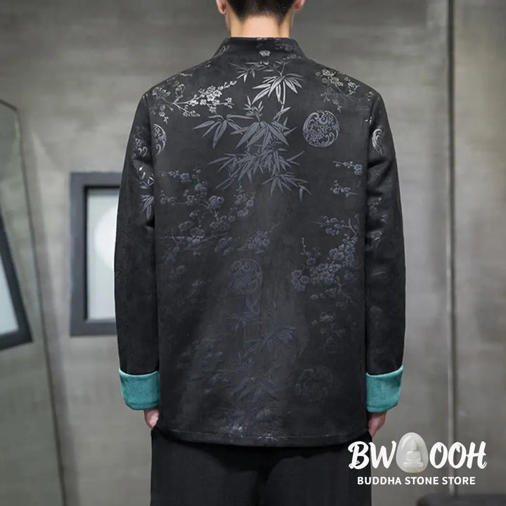 Buddha Stones Chinese New Year Clothes Flowers Bamboo Solid Color Cuff Frog-button Tang Suit Cotton Men’s Jacket Shirt