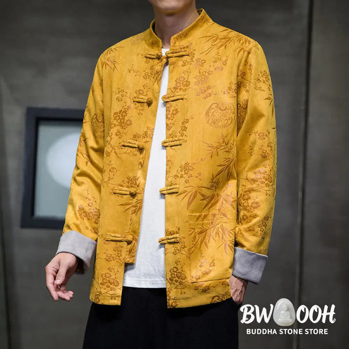 Buddha Stones Chinese New Year Clothes Flowers Bamboo Solid Color Cuff Frog-button Tang Suit Cotton Men’s Jacket Shirt