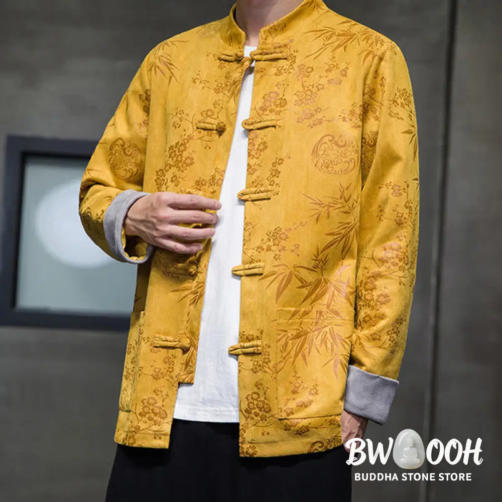 Buddha Stones Chinese New Year Clothes Flowers Bamboo Solid Color Cuff Frog-button Tang Suit Cotton Men’s Jacket Shirt