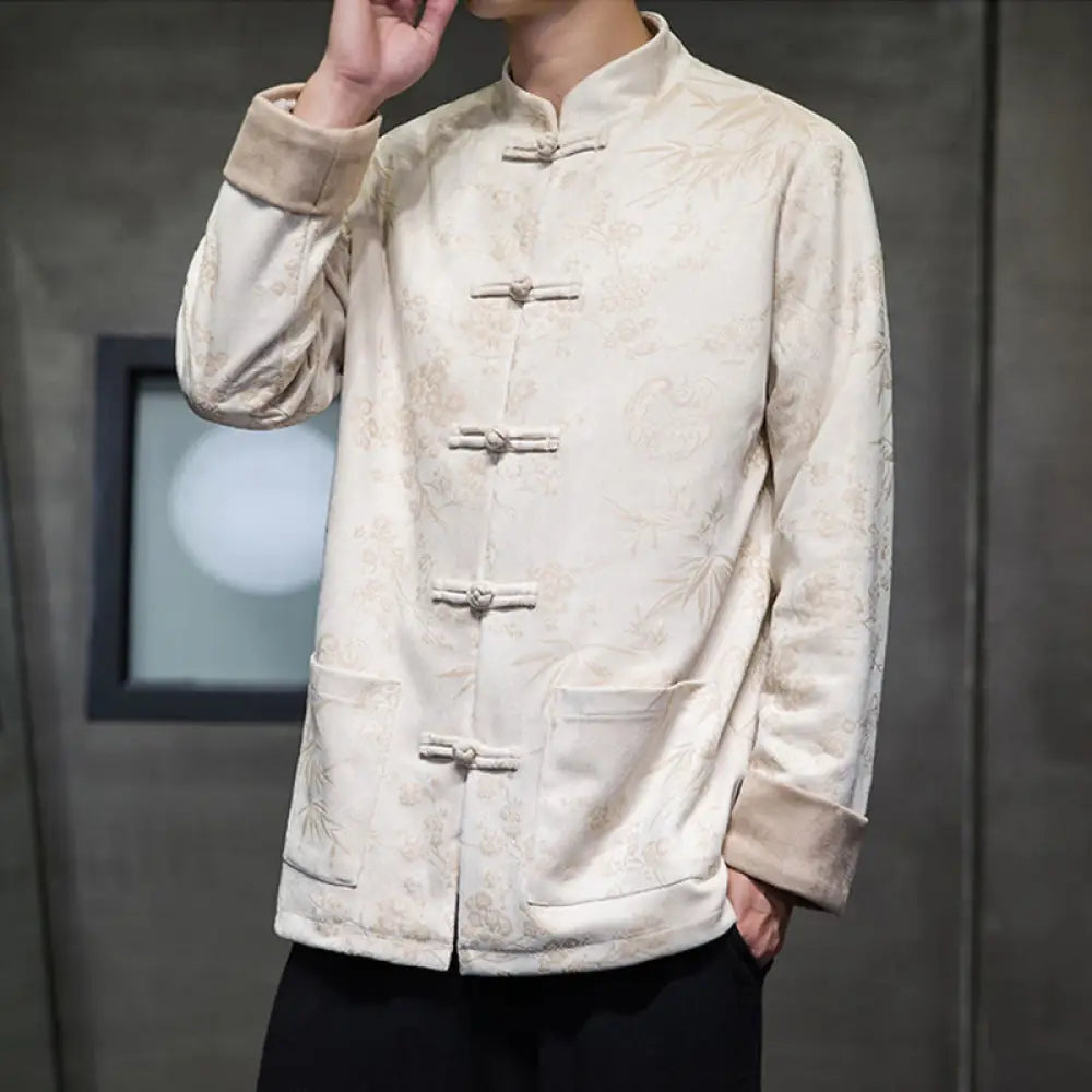Buddha Stones Chinese New Year Clothes Flowers Bamboo Solid Color Cuff Frog-button Tang Suit Cotton Men’s Jacket Shirt
