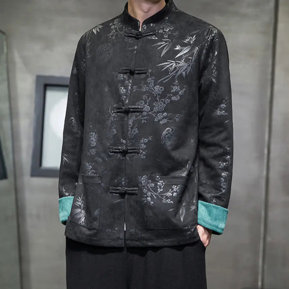 Buddha Stones Chinese New Year Clothes Flowers Bamboo Solid Color Cuff Frog-button Tang Suit Cotton Men’s Jacket Shirt