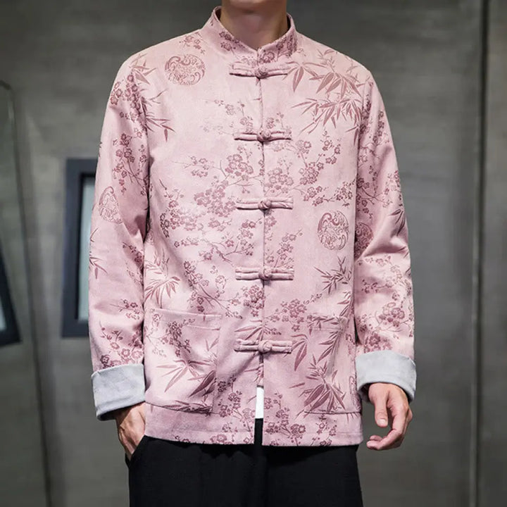 Buddha Stones Chinese New Year Clothes Flowers Bamboo Solid Color Cuff Frog-button Tang Suit Cotton Men’s Jacket Shirt