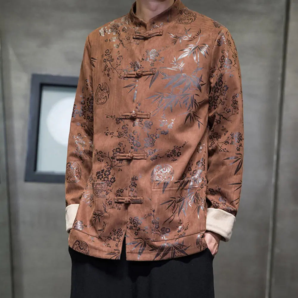Buddha Stones Chinese New Year Clothes Flowers Bamboo Solid Color Cuff Frog-button Tang Suit Cotton Men’s Jacket Shirt