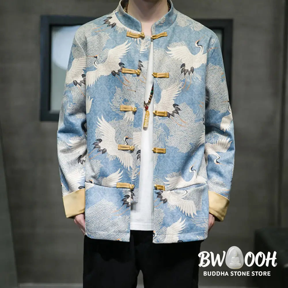 Buddha Stones Chinese New Year Clothes White Crane Gold Frog-button Tang Suit Cotton Men’s Jacket Shirt With Pockets