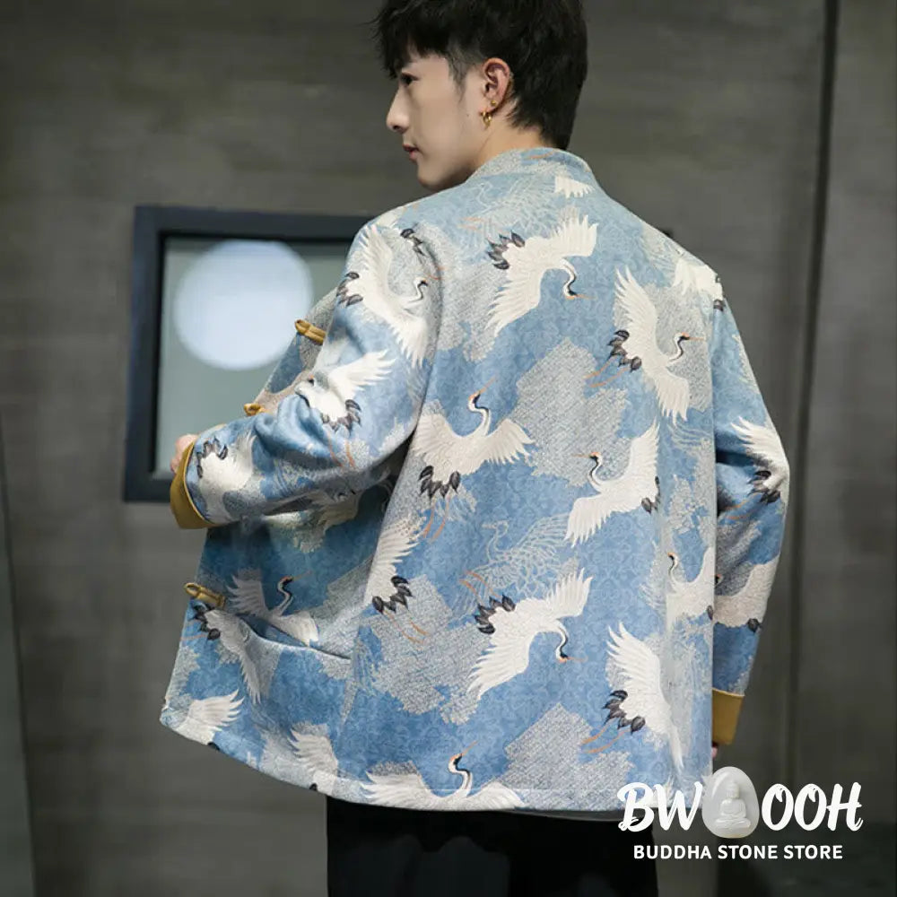 Buddha Stones Chinese New Year Clothes White Crane Gold Frog-button Tang Suit Cotton Men’s Jacket Shirt With Pockets