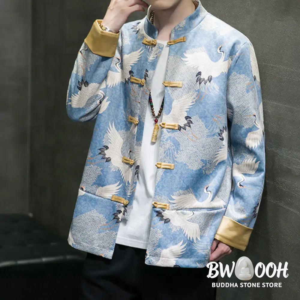 Buddha Stones Chinese New Year Clothes White Crane Gold Frog-button Tang Suit Cotton Men’s Jacket Shirt With Pockets