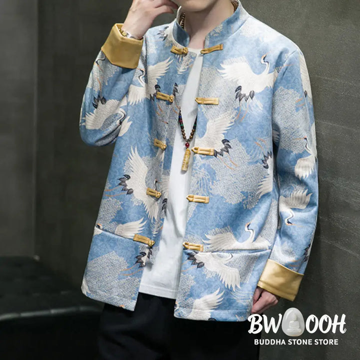 Buddha Stones Chinese New Year Clothes White Crane Gold Frog-button Tang Suit Cotton Men’s Jacket Shirt With Pockets