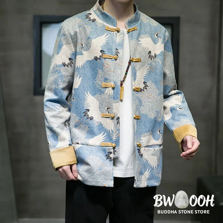 Buddha Stones Chinese New Year Clothes White Crane Gold Frog-button Tang Suit Cotton Men’s Jacket Shirt With Pockets