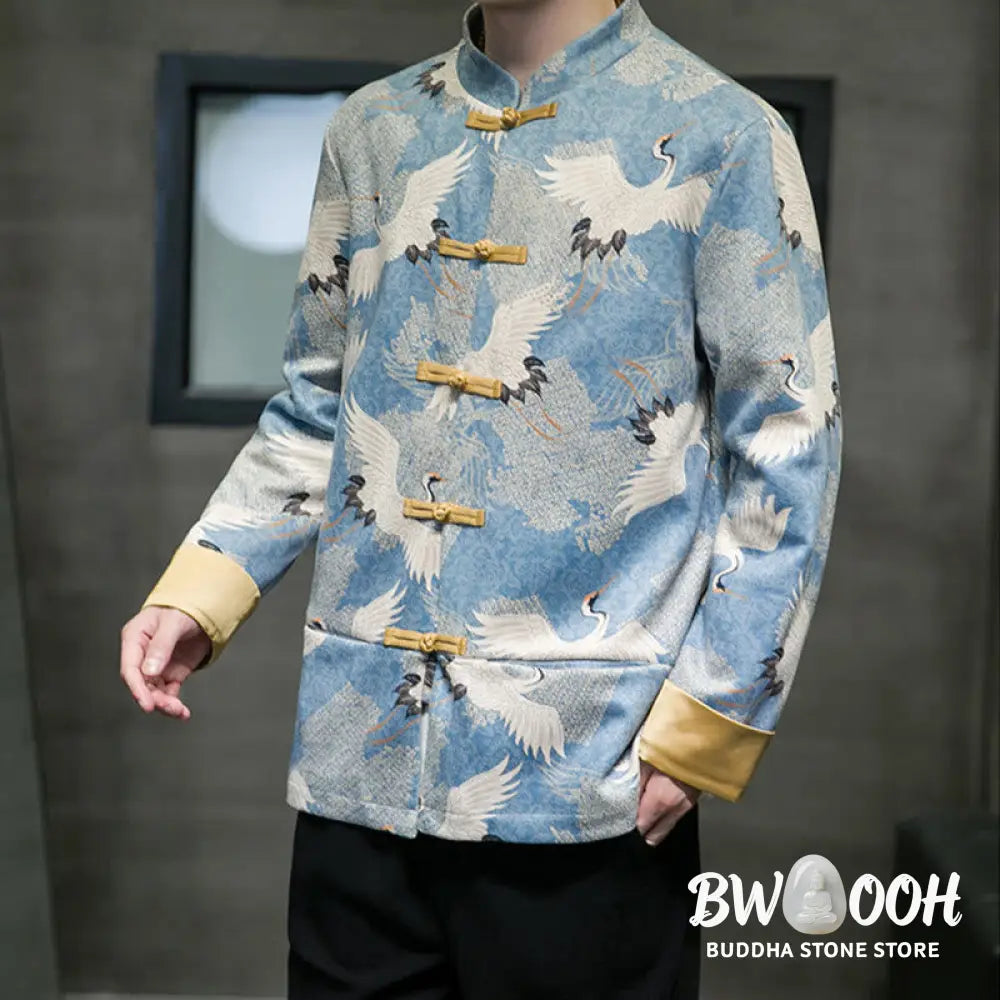 Buddha Stones Chinese New Year Clothes White Crane Gold Frog-button Tang Suit Cotton Men’s Jacket Shirt With Pockets