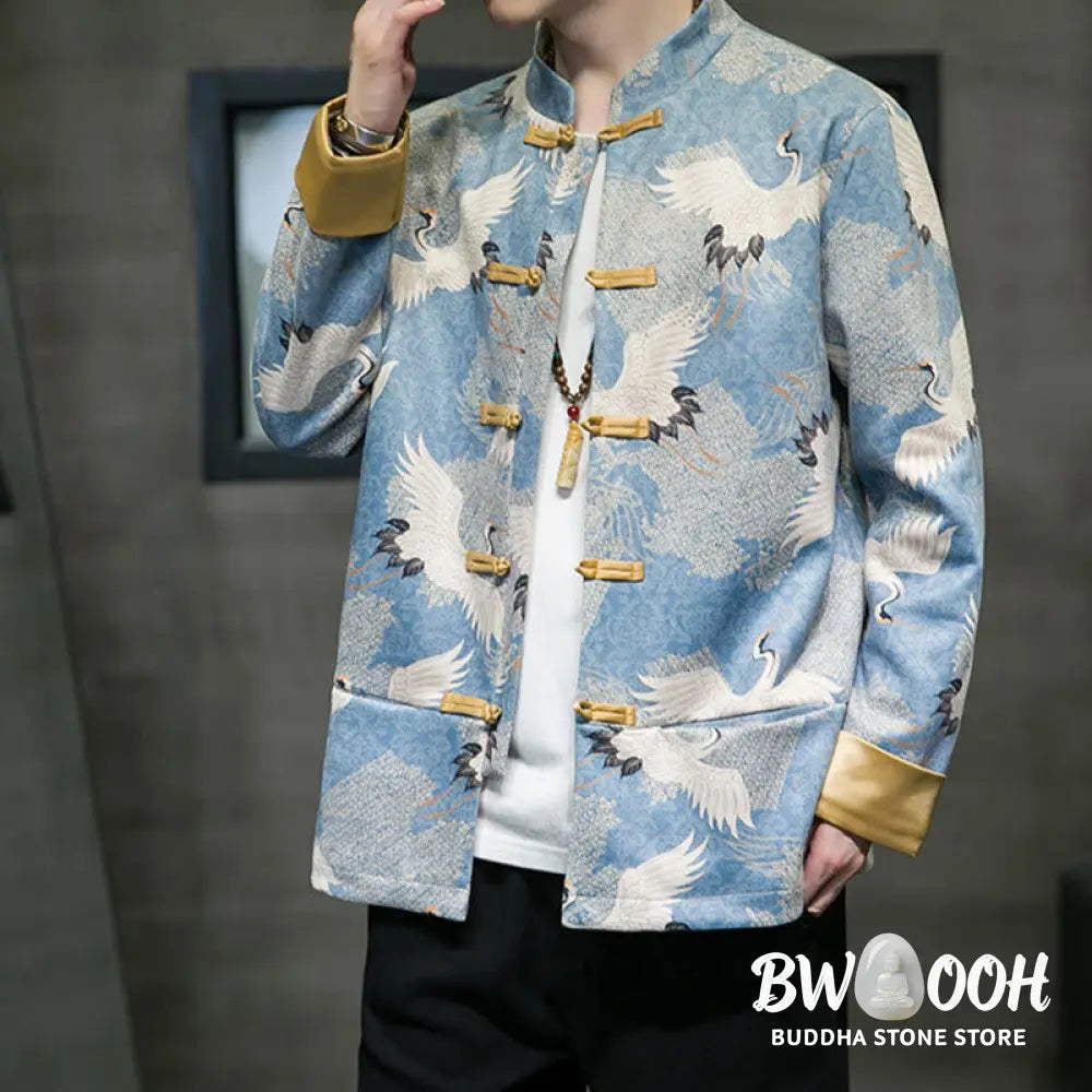 Buddha Stones Chinese New Year Clothes White Crane Gold Frog-button Tang Suit Cotton Men’s Jacket Shirt With Pockets