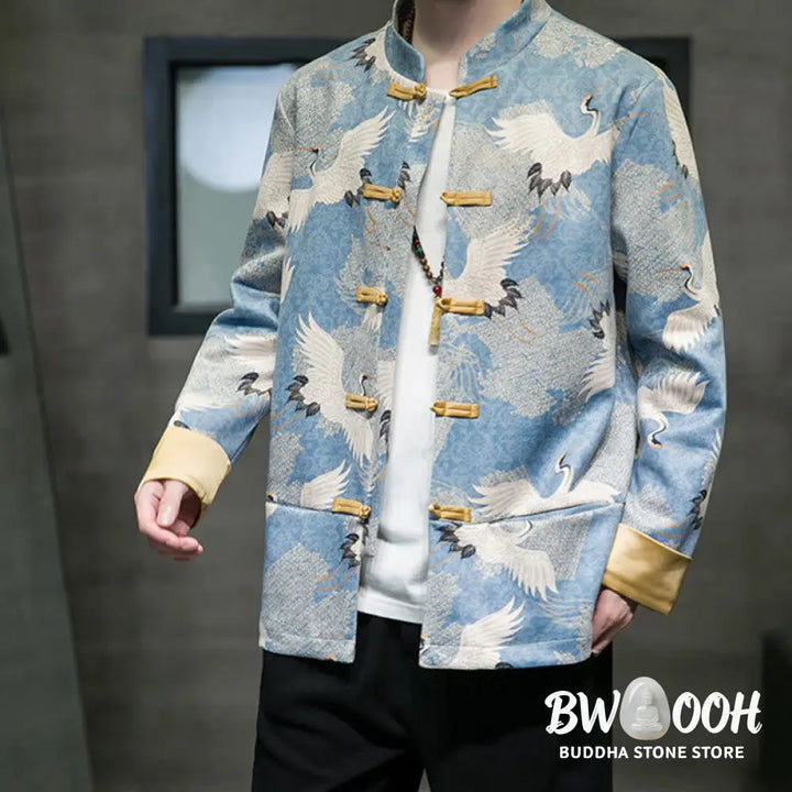 Buddha Stones Chinese New Year Clothes White Crane Gold Frog-button Tang Suit Cotton Men’s Jacket Shirt With Pockets