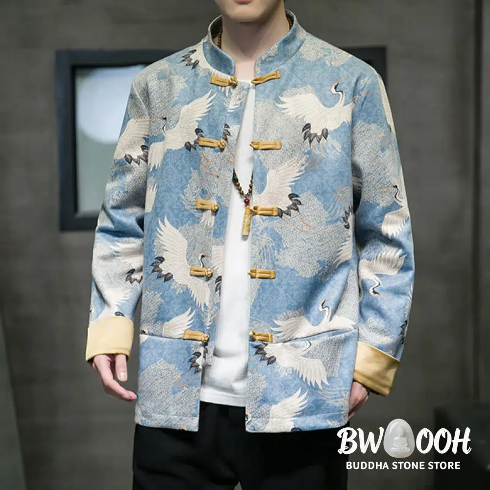 Buddha Stones Chinese New Year Clothes White Crane Gold Frog-button Tang Suit Cotton Men’s Jacket Shirt With Pockets