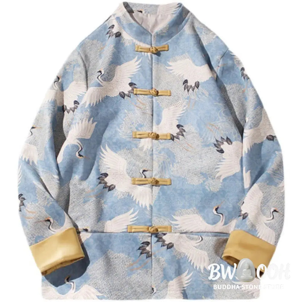 Buddha Stones Chinese New Year Clothes White Crane Gold Frog-button Tang Suit Cotton Men’s Jacket Shirt With Pockets